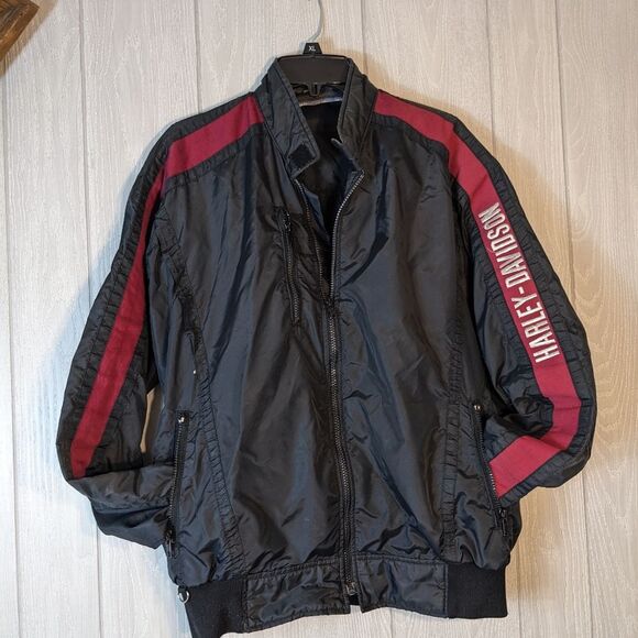VTG Harley Davidson Black Wind Jacket Zip Up Spell Out Down The Arm SZ XL - Picture 2 of 8